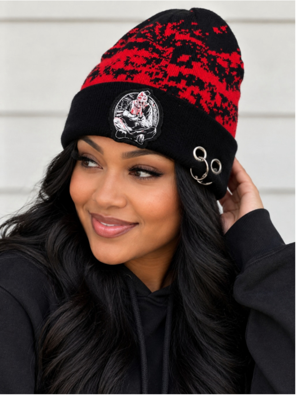 Women's Spencer's Beanie Hat One Size Black Red Graphic Print